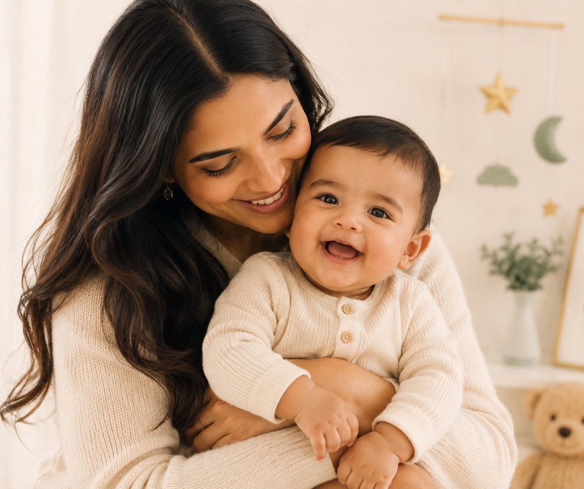 A mother cuddling her happy laughing baby in a soft, sunlit nursery